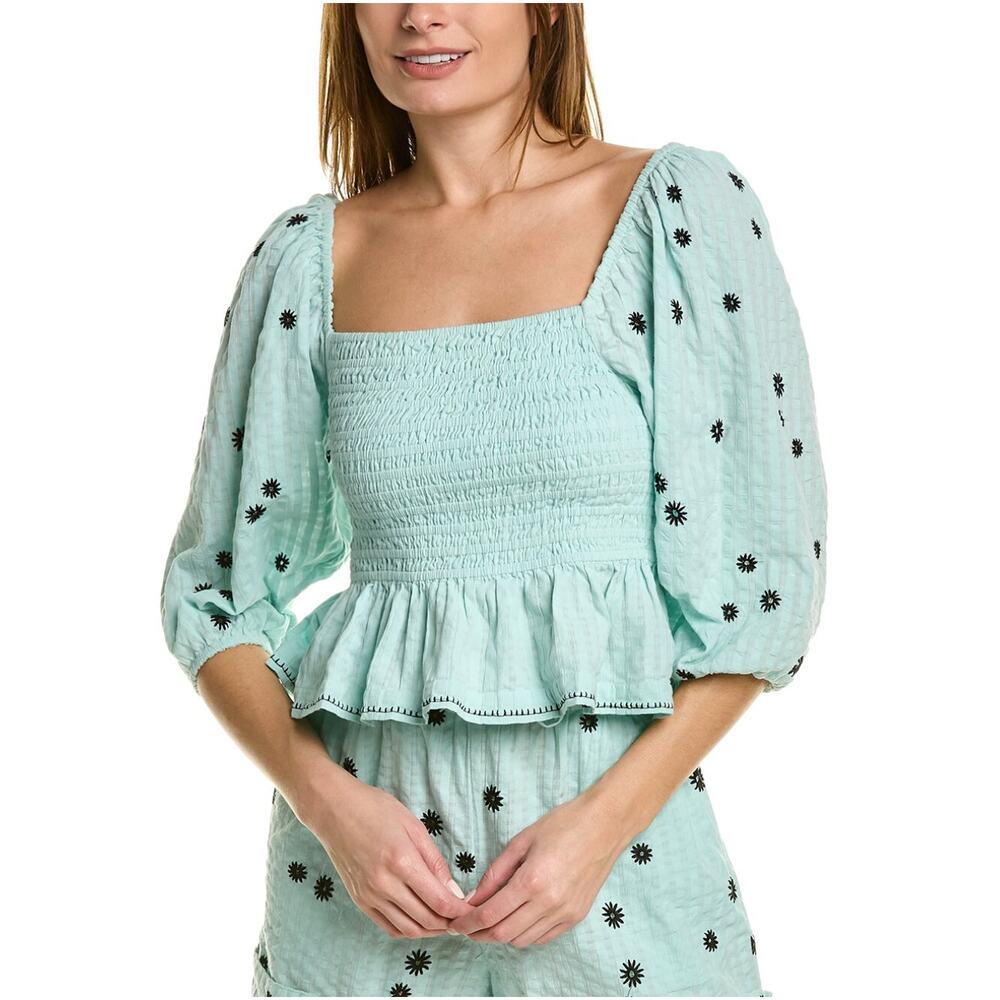 Tanya Taylor Emma Top Aqua and Navy Smocked Top with Balloon Sleeves Ruffles Med